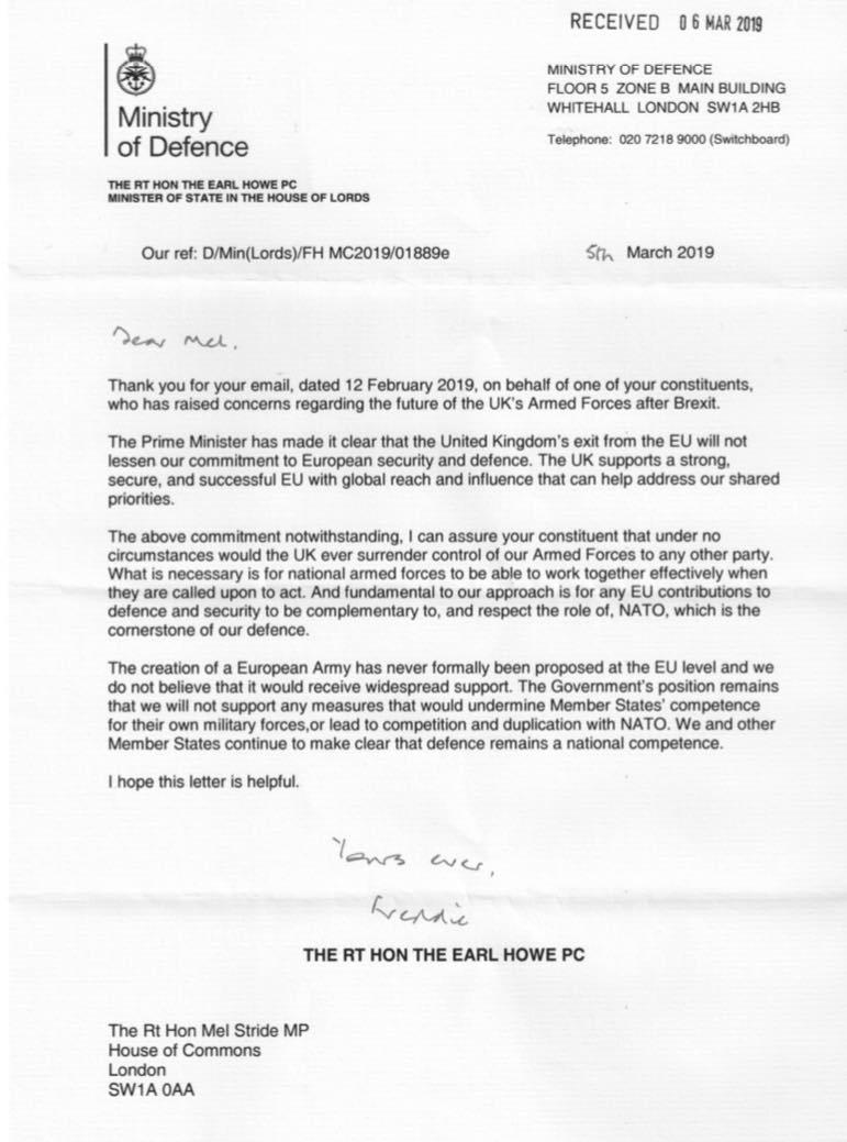 Earl Howe letter to Mel Stride on UK involvement with EU Defence Union